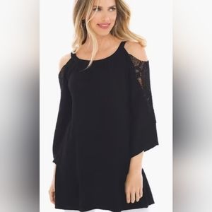 Zenergy by Chicos Gauze Lace Cold-Shoulder Tunic Top in black size 0